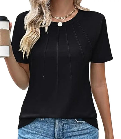 Blusa Feminina Básica Plissada em tecido confortável com pregas frontais, mangas curtas e decote redondo. Blusa Feminina Básica Plissada em tecido confortável com pregas frontais, mangas curtas e decote redondo.