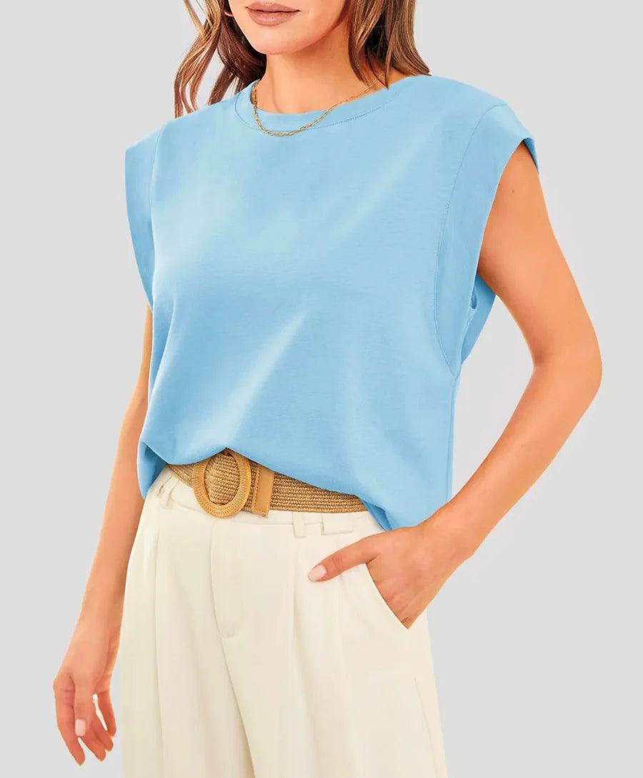 Blusa Muscle Tee Básica com estilo clássico, ajuste solto, tecido broadcloth, mangas curtas e caídas, decote O-pescoço, perfeita para qualquer ocasião. Blusa Muscle Tee Básica com estilo clássico, ajuste solto, tecido broadcloth, mangas curtas e caídas, decote O-pescoço, perfeita para qualquer ocasião.