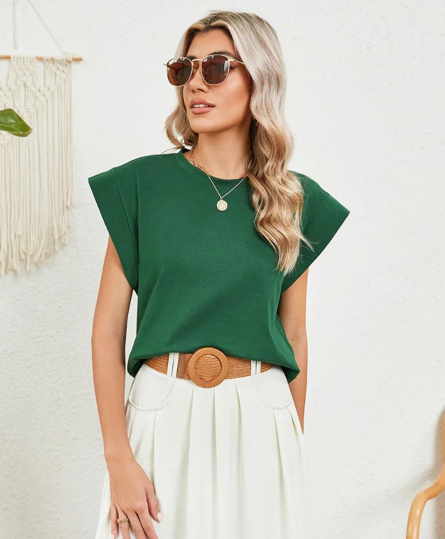 Blusa Muscle Tee Básica com estilo clássico, ajuste solto, tecido broadcloth, mangas curtas e caídas, decote O-pescoço, perfeita para qualquer ocasião. Blusa Muscle Tee Básica com estilo clássico, ajuste solto, tecido broadcloth, mangas curtas e caídas, decote O-pescoço, perfeita para qualquer ocasião.