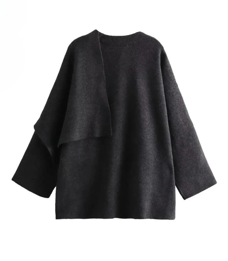 Casaco feminino de malha assimétrico com cachecol elegante para outono e inverno Casaco feminino de malha assimétrico com cachecol elegante para outono e inverno