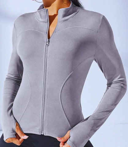 Jaqueta feminina para academia slim fit, tecido respirável, ajuste perfeito e manga longa com furos para polegares. Jaqueta feminina para academia slim fit, tecido respirável, ajuste perfeito e manga longa com furos para polegares.