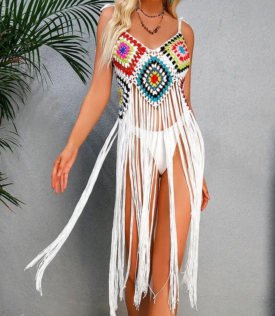 Saída de Praia Crochê Franja Feminina com franjas longas e design boho em crochê artesanal, ideal para moda praia Saída de Praia Crochê Franja Feminina com franjas longas e design boho em crochê artesanal, ideal para moda praia