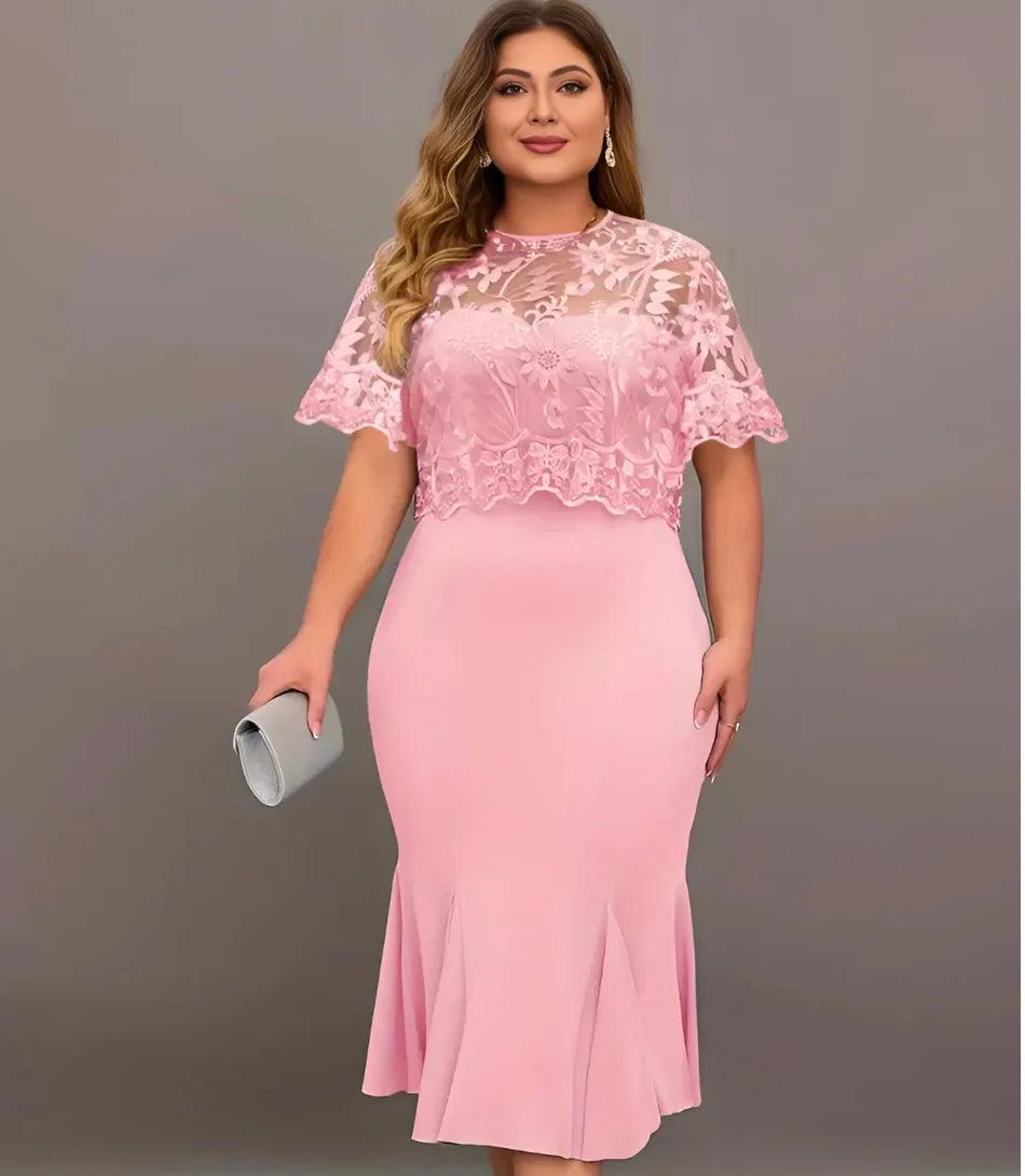 Vestido Midi de Festa Plus Size em Renda Elegante Anellimn