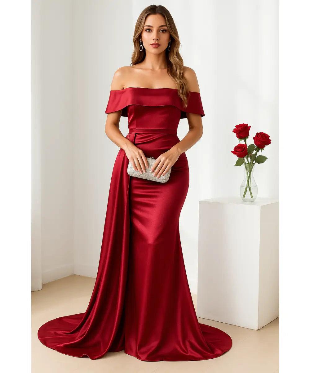 Vestido Longo de Festa Ombro a Ombro Cetim com Cauda – Anellimn