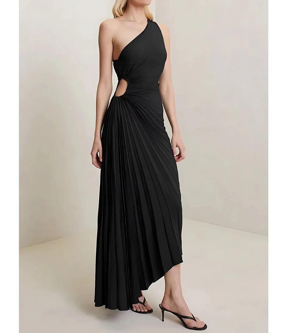 Comprar Vestido Midi Um Ombro Só Plissado Elegante para Madrinha e Convidadas Preto - Anellimn
 Comprar Vestido Midi Um Ombro Só Plissado Elegante para Madrinha e Convidadas Preto - Anellimn