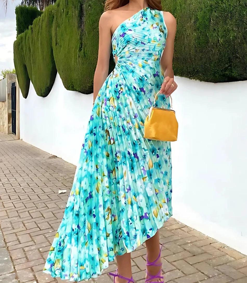 Comprar Vestido Midi Um Ombro Só Plissado Elegante para Madrinha e Convidadas azul - Anellimn
 Comprar Vestido Midi Um Ombro Só Plissado Elegante para Madrinha e Convidadas azul - Anellimn