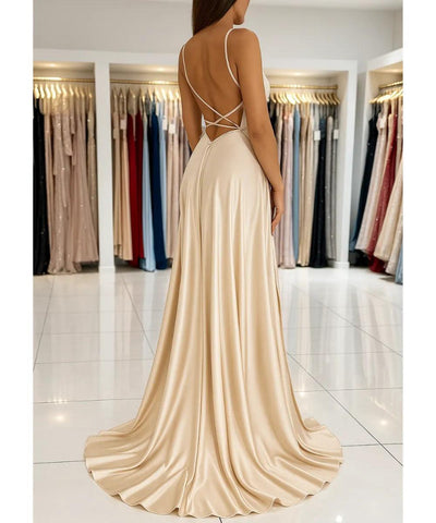 Vestido Longo Cetim Festa com Fenda Elegante | Bremily Vestido Longo Cetim Festa com Fenda Elegante | Bremily