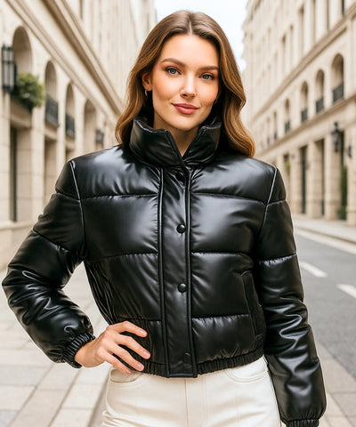 Jaqueta Feminina Bomber Puffer Couro Sintético Cropped Casual | Meli Jaqueta Feminina Bomber Puffer Couro Sintético Cropped Casual | Meli