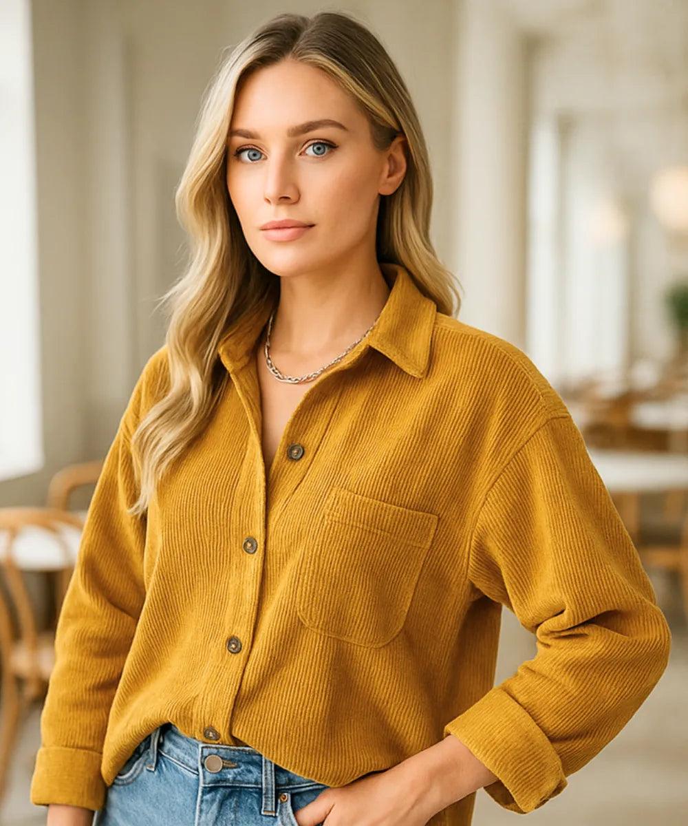 Comprar Blusa feminina manga longa amarelo oversized de veludo cotelê para dias frios, sobreposição casual e looks urbanos ANELLIMN
 Comprar Blusa feminina manga longa amarelo oversized de veludo cotelê para dias frios, sobreposição casual e looks urbanos ANELLIMN