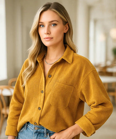 Comprar Blusa feminina manga longa amarelo oversized de veludo cotelê para dias frios, sobreposição casual e looks urbanos ANELLIMN
 Comprar Blusa feminina manga longa amarelo oversized de veludo cotelê para dias frios, sobreposição casual e looks urbanos ANELLIMN