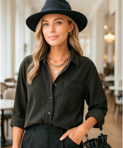 Comprar Blusa feminina manga longa preto oversized de veludo cotelê para dias frios, sobreposição casual e looks urbanos ANELLIMN
 Comprar Blusa feminina manga longa preto oversized de veludo cotelê para dias frios, sobreposição casual e looks urbanos ANELLIMN