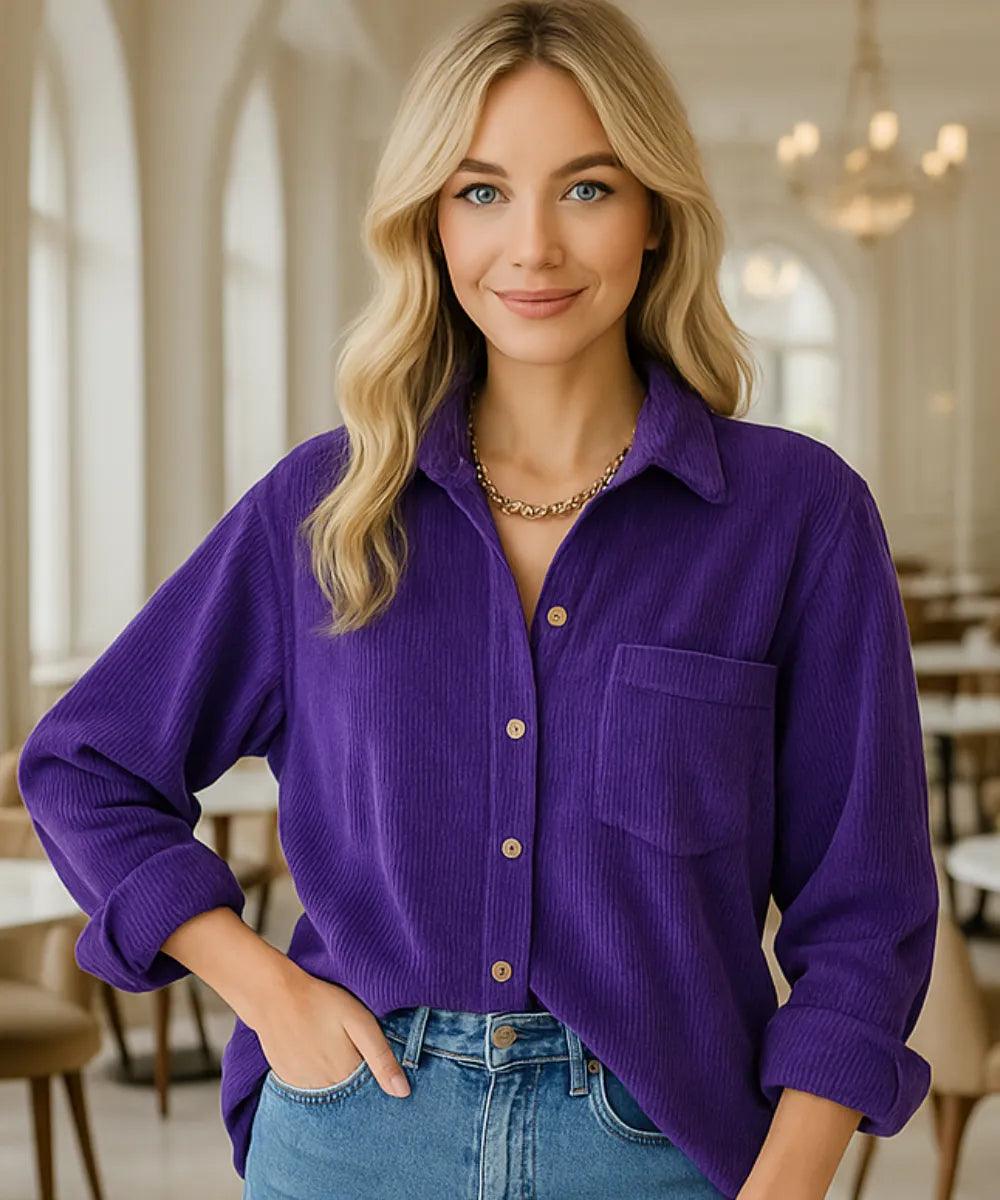 Comprar Blusa feminina manga longa roxo oversized de veludo cotelê para dias frios, sobreposição casual e looks urbanos ANELLIMN
 Comprar Blusa feminina manga longa roxo oversized de veludo cotelê para dias frios, sobreposição casual e looks urbanos ANELLIMN