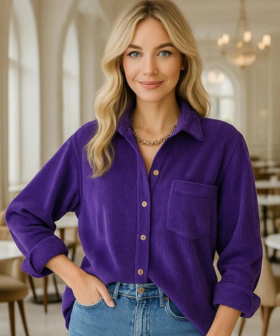 Comprar Blusa feminina manga longa roxo oversized de veludo cotelê para dias frios, sobreposição casual e looks urbanos ANELLIMN
 Comprar Blusa feminina manga longa roxo oversized de veludo cotelê para dias frios, sobreposição casual e looks urbanos ANELLIMN