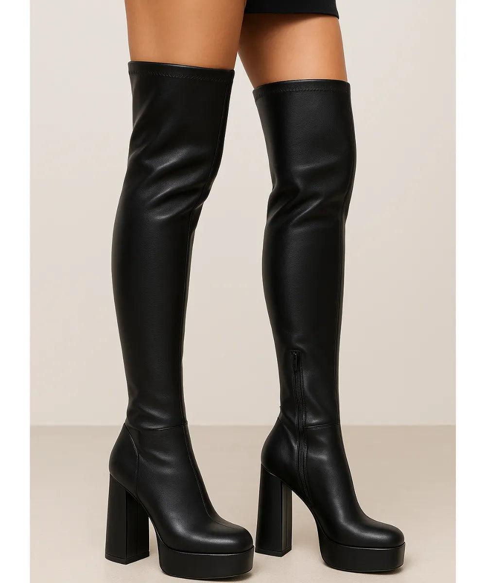Bota Plataforma Cano Alto Feminina Salto Grosso Elegante - Anellimn