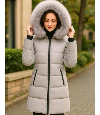 Comprar casaco feminino de inverno longo cinza acolchoado com gola de pelo removível e capuz para dias frios e elegantes em promoção ZARA
 Comprar casaco feminino de inverno longo cinza acolchoado com gola de pelo removível e capuz para dias frios e elegantes em promoção ZARA