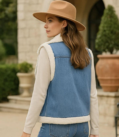 Colete Jeans Feminino com Forro de Pelúcia Elegante | Catania Colete Jeans Feminino com Forro de Pelúcia Elegante | Catania