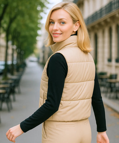 Comprar colete puffer feminino couro sintético bege gola alta botões duplos inverno térmico em promoção ZARA
 Comprar colete puffer feminino couro sintético bege gola alta botões duplos inverno térmico em promoção ZARA