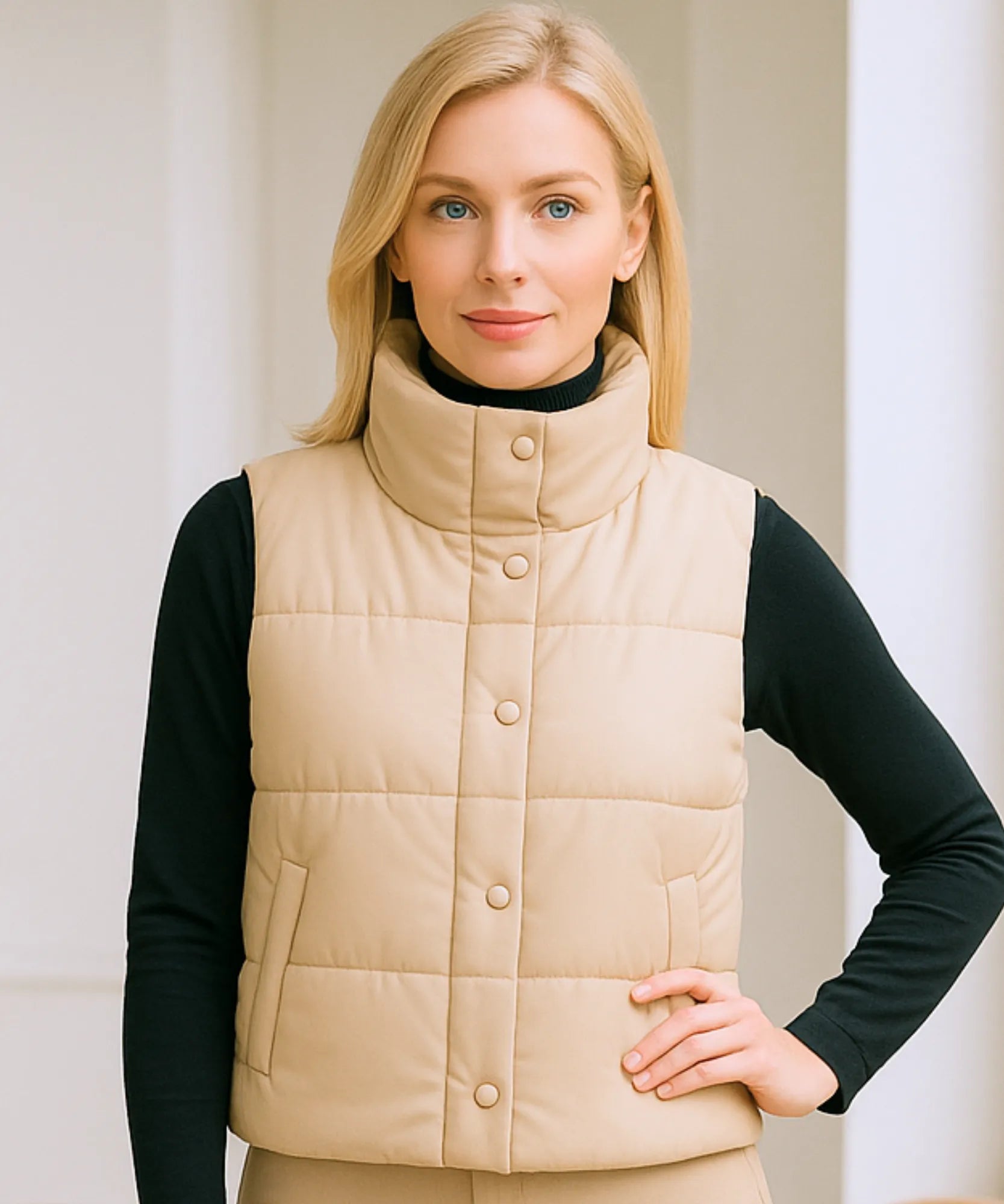 Comprar colete puffer feminino couro sintético bege gola alta botões duplos inverno térmico em promoção ZARA
 Comprar colete puffer feminino couro sintético bege gola alta botões duplos inverno térmico em promoção ZARA