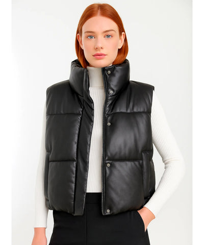 Colete Puffer Feminino Couro Sintético Gola Alta Inverno | Gigi Colete Puffer Feminino Couro Sintético Gola Alta Inverno | Gigi