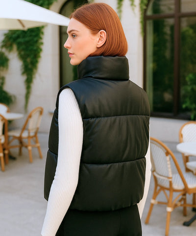 Comprar colete puffer feminino couro sintético preto gola alta botões duplos inverno térmico em promoção ZARA
 Comprar colete puffer feminino couro sintético preto gola alta botões duplos inverno térmico em promoção ZARA