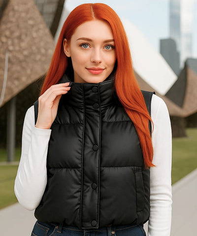 Colete Puffer Feminino Couro Sintético Gola Alta Inverno | Gigi Colete Puffer Feminino Couro Sintético Gola Alta Inverno | Gigi