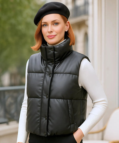 Comprar colete puffer feminino couro sintético preto gola alta botões duplos inverno térmico em promoção ZARA
 Comprar colete puffer feminino couro sintético preto gola alta botões duplos inverno térmico em promoção ZARA