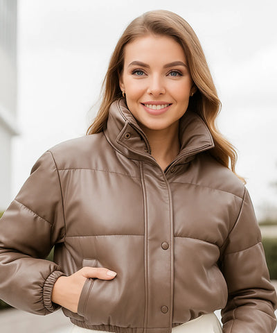 Jaqueta Feminina Bomber Puffer Couro Sintético Cropped Casual | Meli Jaqueta Feminina Bomber Puffer Couro Sintético Cropped Casual | Meli