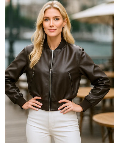 Jaqueta Feminina de Couro Bomber com Zíper Duplo | Fit Jaqueta Feminina de Couro Bomber com Zíper Duplo | Fit