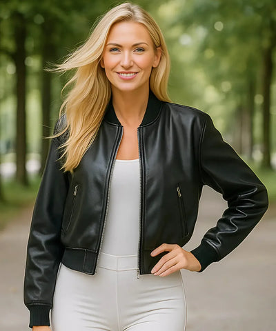 Jaqueta Feminina de Couro Bomber com Zíper Duplo | Fit Jaqueta Feminina de Couro Bomber com Zíper Duplo | Fit