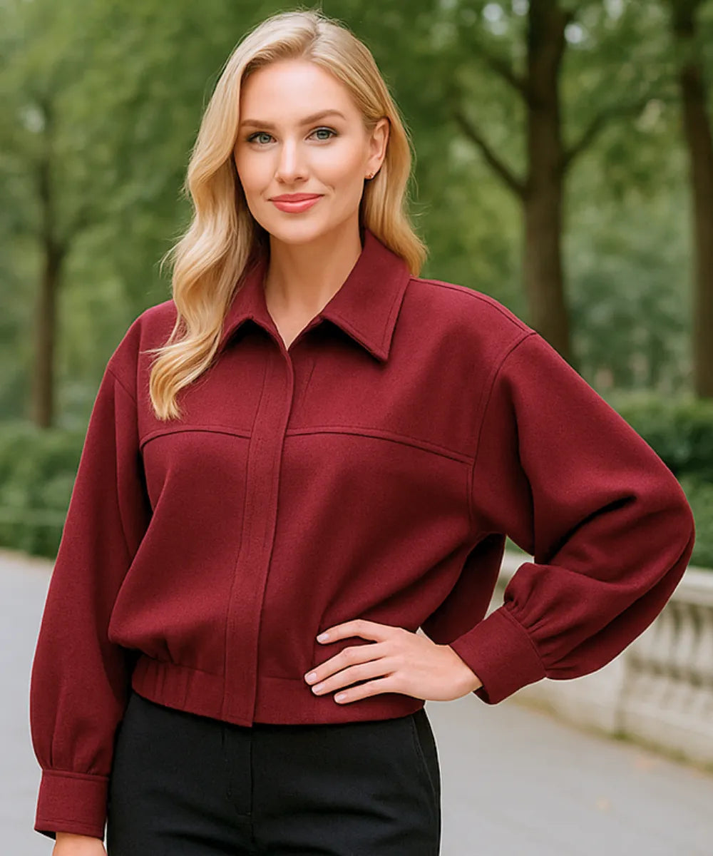 Comprar jaqueta feminina oversized bordo em suede com gola estruturada e estilo urbano elegante para meia estação em promoção ZARA
 Comprar jaqueta feminina oversized bordo em suede com gola estruturada e estilo urbano elegante para meia estação em promoção ZARA