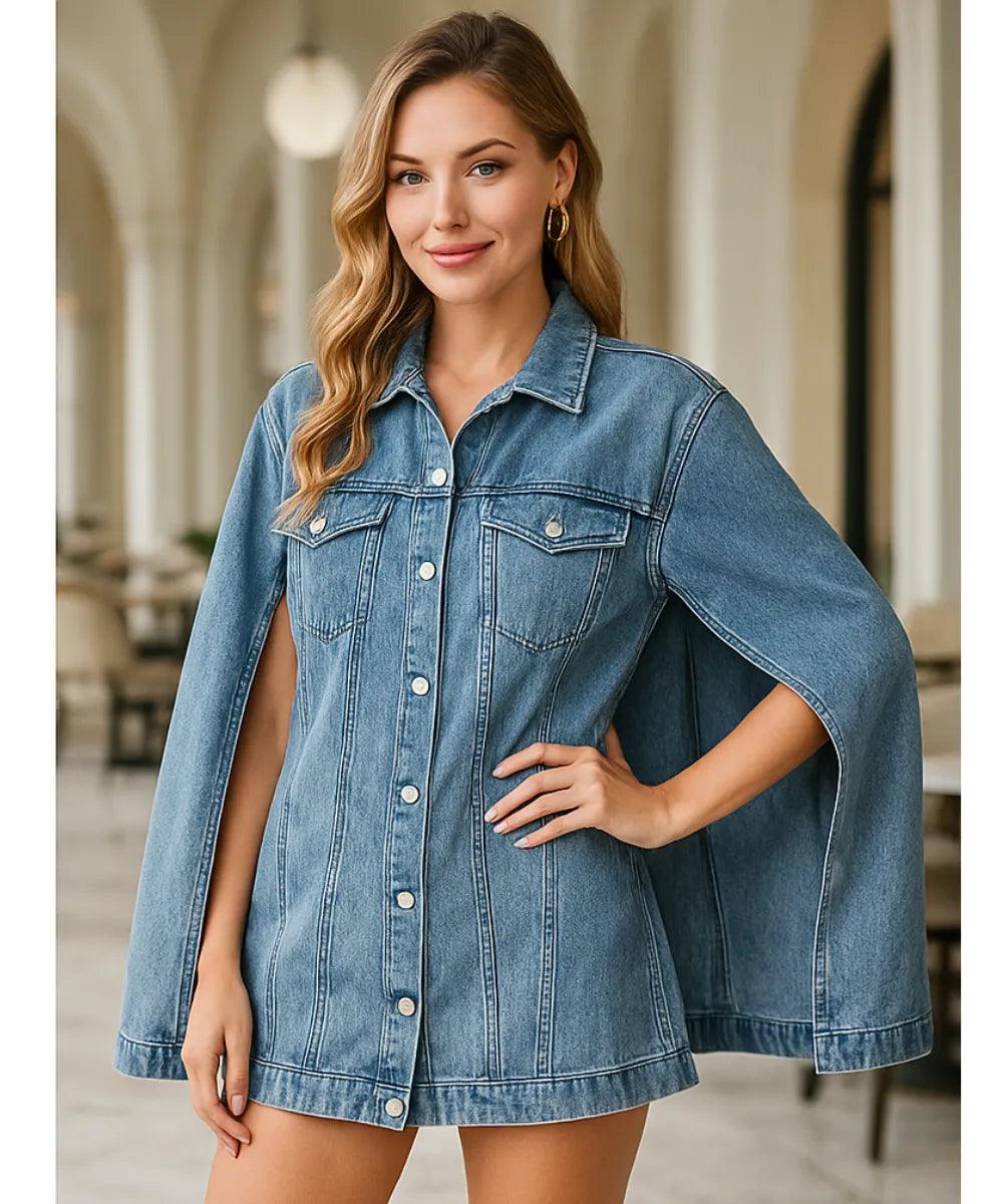 Comprar jaqueta jeans feminina oversized estilo capa com fenda e bolsos para looks urbanos, estilosos e casuais em promoção ZARA
 Comprar jaqueta jeans feminina oversized estilo capa com fenda e bolsos para looks urbanos, estilosos e casuais em promoção ZARA