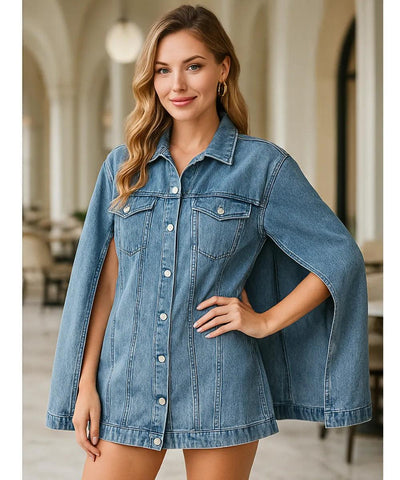 Comprar jaqueta jeans feminina oversized estilo capa com fenda e bolsos para looks urbanos, estilosos e casuais em promoção ZARA
 Comprar jaqueta jeans feminina oversized estilo capa com fenda e bolsos para looks urbanos, estilosos e casuais em promoção ZARA