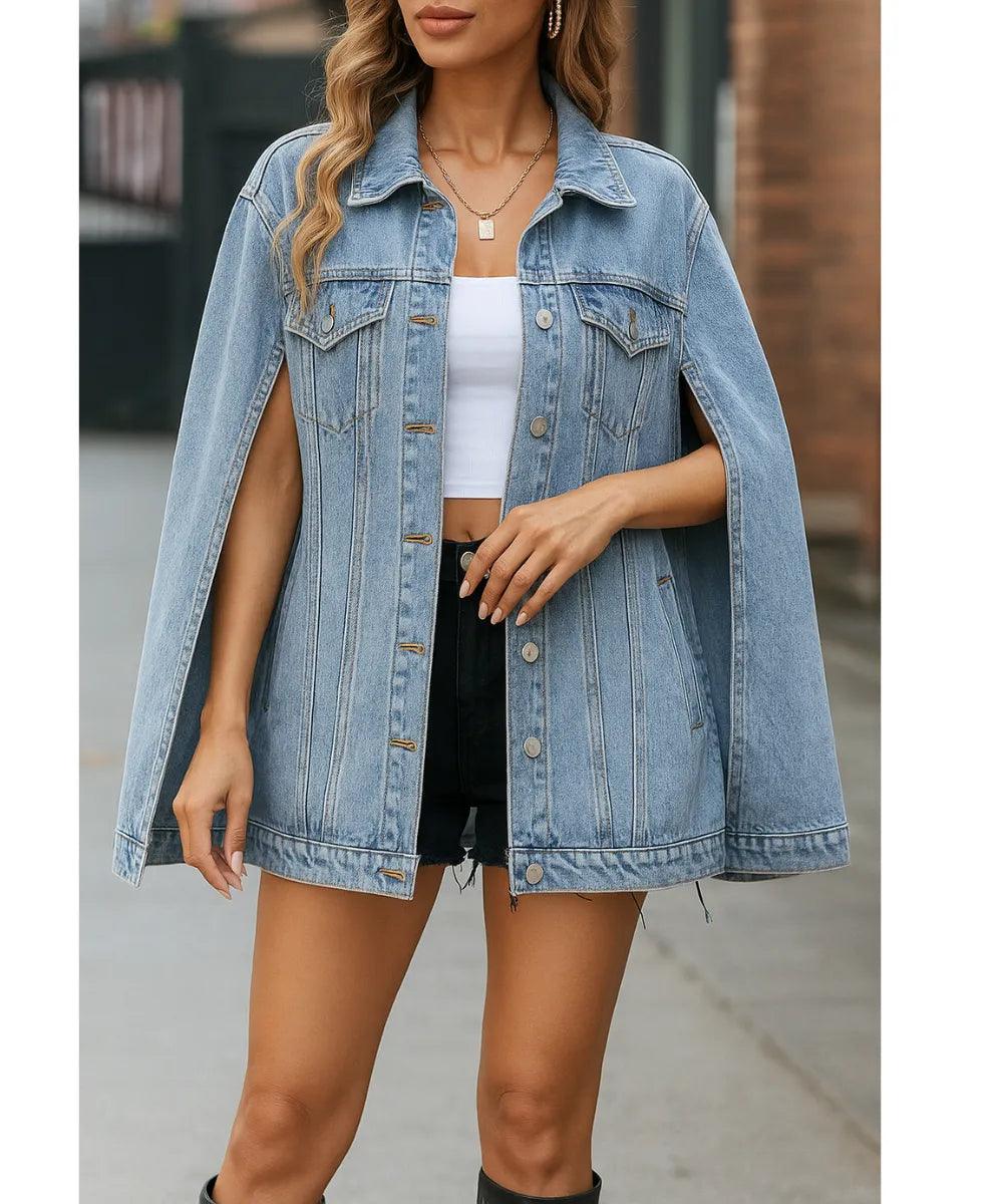 Comprar jaqueta jeans feminina oversized estilo capa com fenda e bolsos para looks urbanos, estilosos e casuais em promoção ZARA
 Comprar jaqueta jeans feminina oversized estilo capa com fenda e bolsos para looks urbanos, estilosos e casuais em promoção ZARA