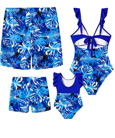 Maiô Mãe e Filha Azul com Shorts Pai e Filho Praia | Leme Maiô Mãe e Filha Azul com Shorts Pai e Filho Praia | Leme