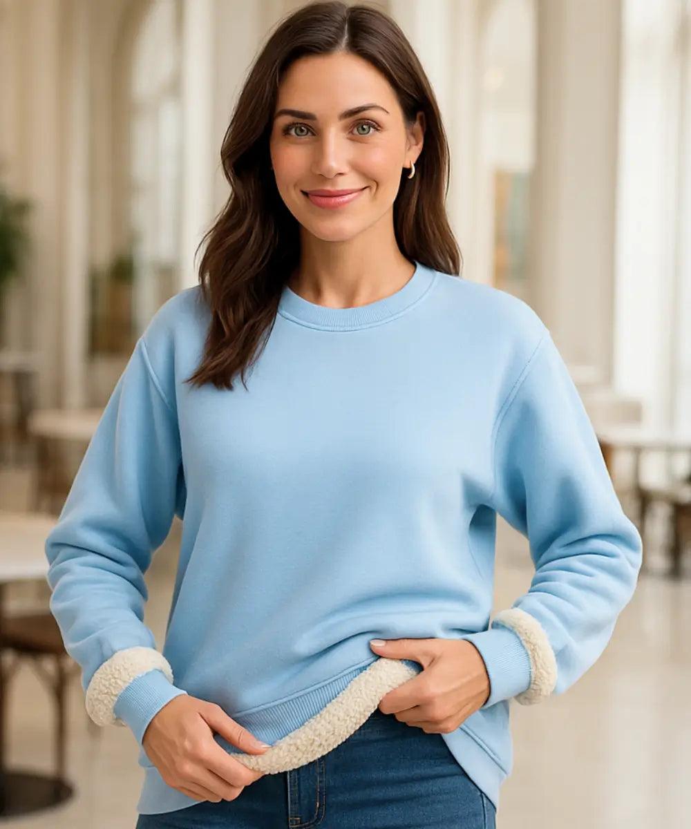 Comprar moletom feminino grosso azul com forro flanelado roxo casual térmico confortável para inverno em promoção ANELLIMN
 Comprar moletom feminino grosso azul com forro flanelado roxo casual térmico confortável para inverno em promoção ANELLIMN