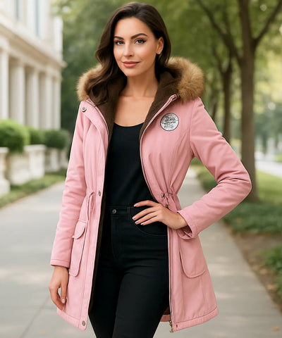 Comprar parka feminina inverno rosa com capuz de pelo, forro peluciado e bolsos grandes para clima frio ou viagens em promoção ZARA
 Comprar parka feminina inverno rosa com capuz de pelo, forro peluciado e bolsos grandes para clima frio ou viagens em promoção ZARA