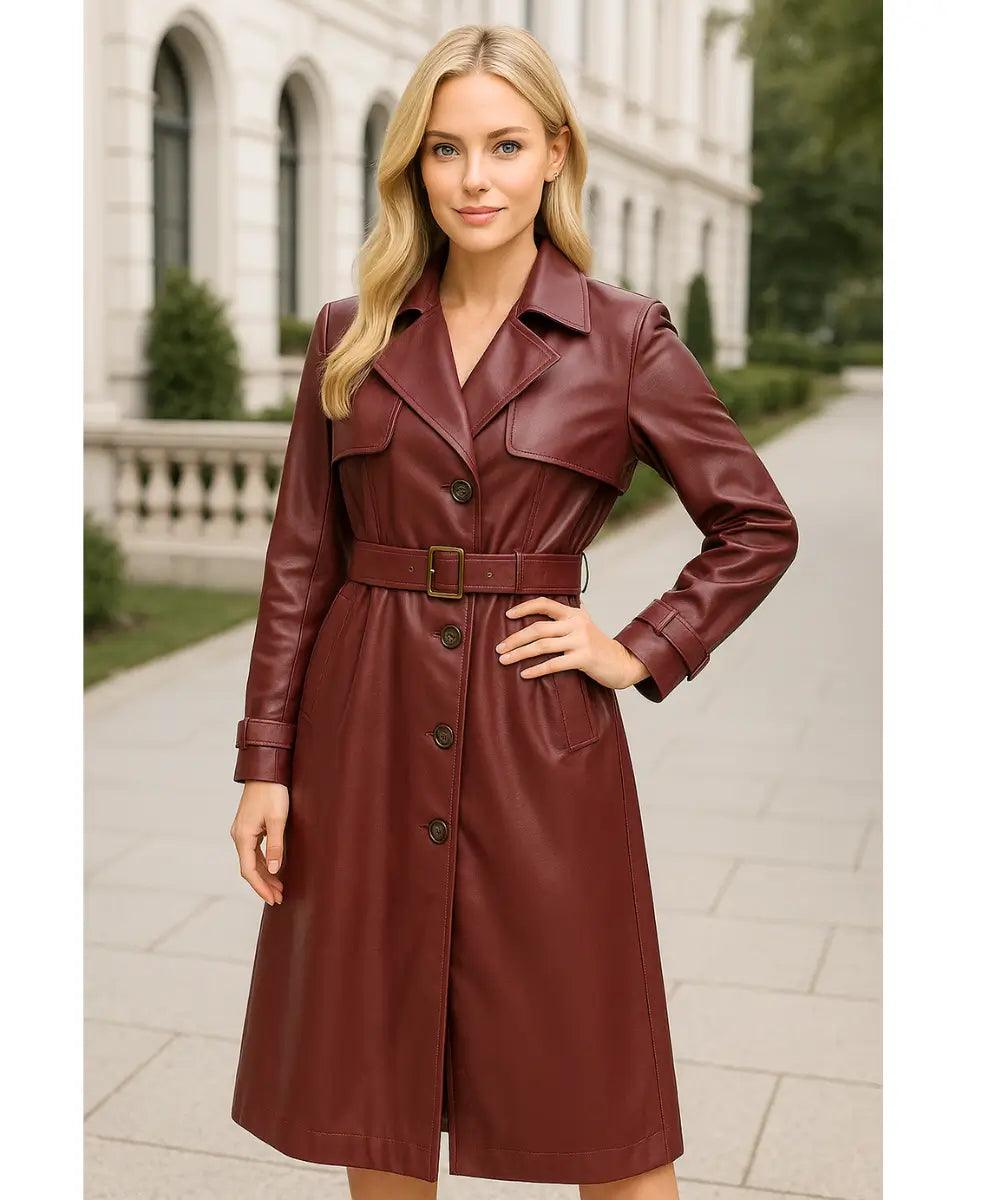 Sobretudo Feminino Longo em Couro Elegante no Inverno - Anellimn