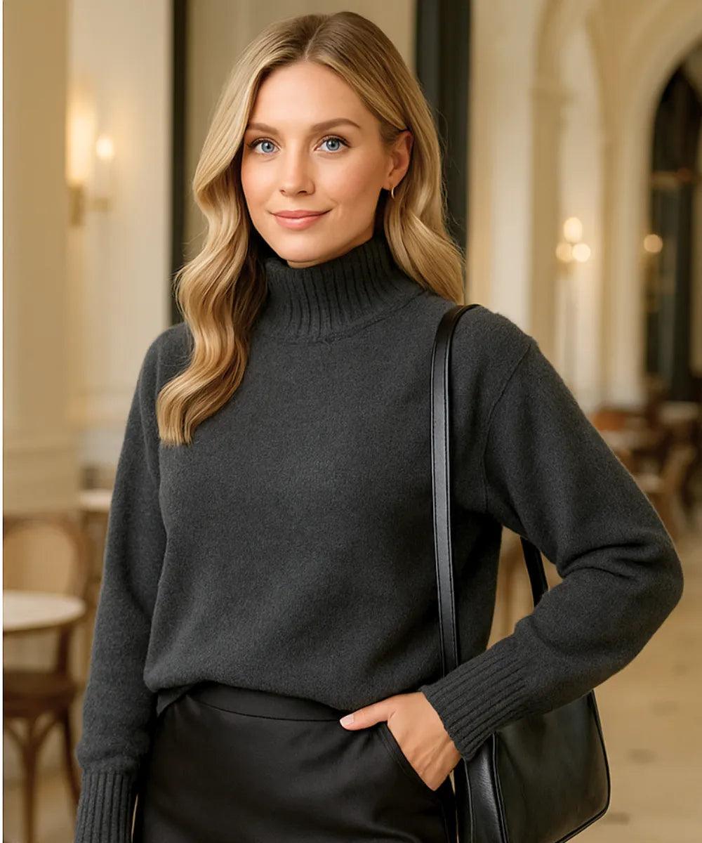 Comprar suéter tricot feminino grosso cinza escuro elegante com gola alta felpuda para looks sofisticados de inverno em promoção ZARA
 Comprar suéter tricot feminino grosso cinza escuro elegante com gola alta felpuda para looks sofisticados de inverno em promoção ZARA