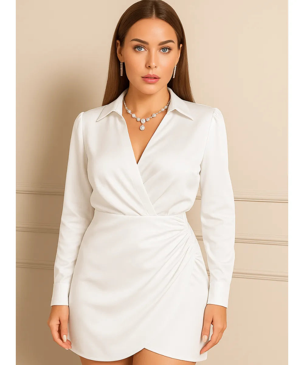 Comprar vestido curto de festa em cetim branco com manga longa, gola de camisa e torção frontal elegante para eventos noturnos em promoção ZARA
 Comprar vestido curto de festa em cetim branco com manga longa, gola de camisa e torção frontal elegante para eventos noturnos em promoção ZARA
