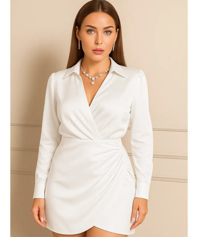 Comprar vestido curto de festa em cetim branco com manga longa, gola de camisa e torção frontal elegante para eventos noturnos em promoção ZARA
 Comprar vestido curto de festa em cetim branco com manga longa, gola de camisa e torção frontal elegante para eventos noturnos em promoção ZARA