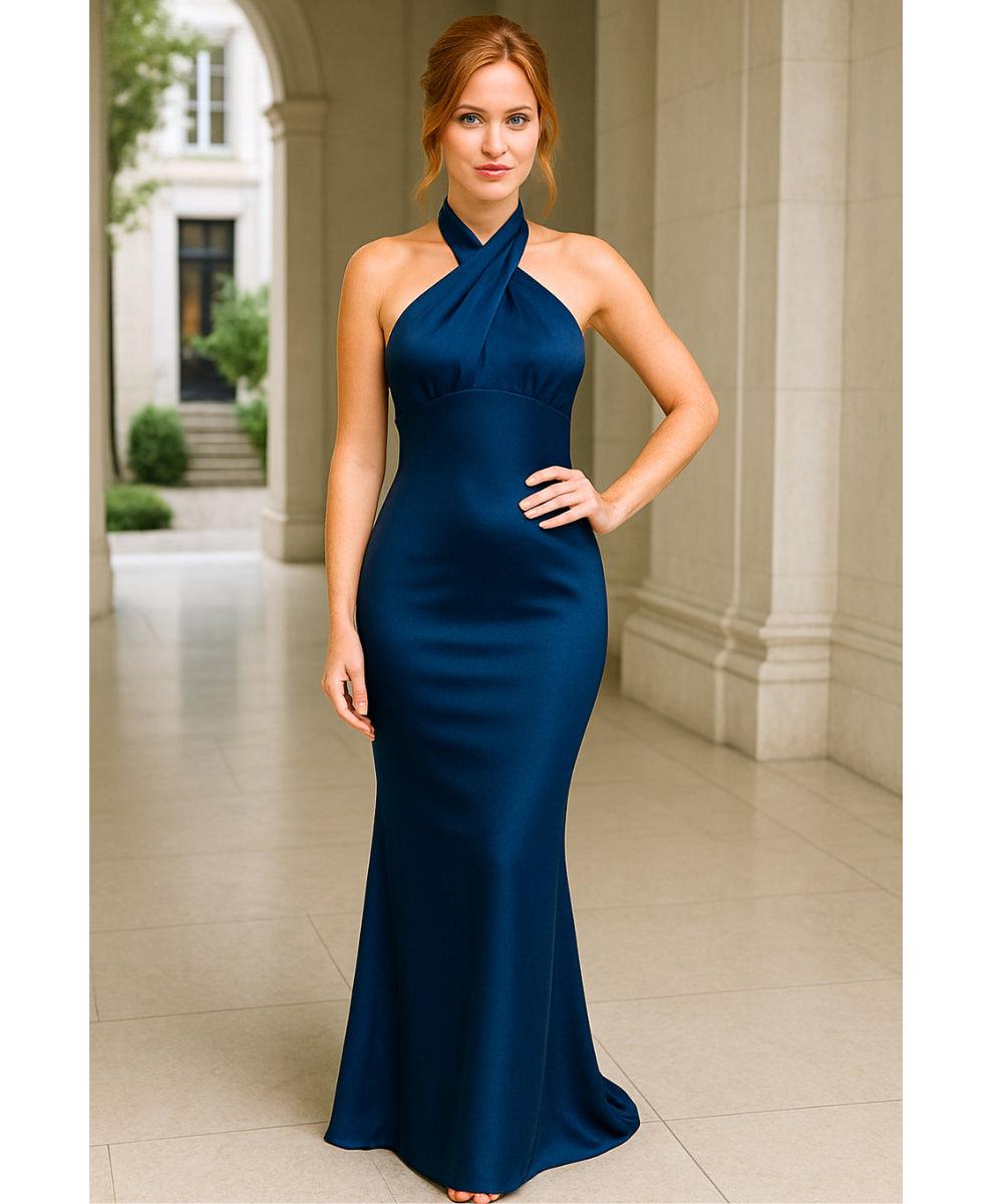 Comprar vestido de festa longo em cetim azul marinho com decote halter e costas abertas com laço elegante para eventos noturnos e casamentos em promoção ANELLIMN
 Comprar vestido de festa longo em cetim azul marinho com decote halter e costas abertas com laço elegante para eventos noturnos e casamentos em promoção ANELLIMN
