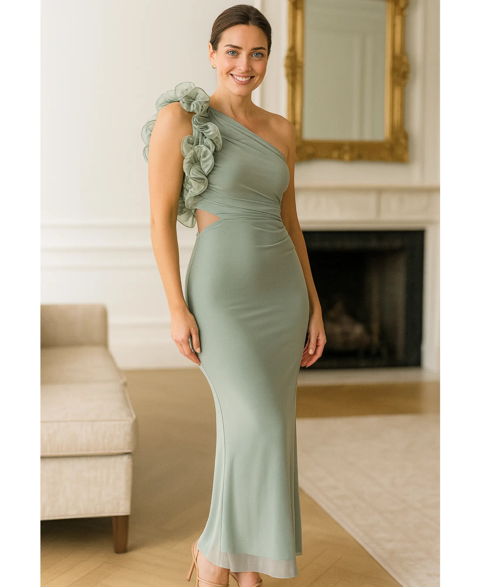 Vestido Longo de Festa Ombro Só Babados Elegante Anellimn