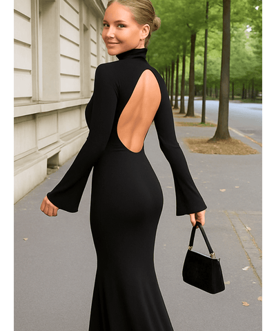 Comprar Vestido preto longo com gola alta e costas abertas elegante para noite, eventos ou balada em promoção ANELLIMN
 Comprar Vestido preto longo com gola alta e costas abertas elegante para noite, eventos ou balada em promoção ANELLIMN