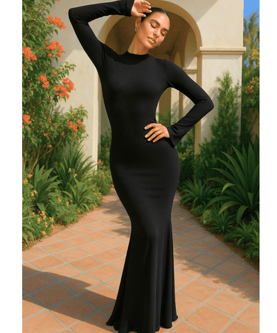 Comprar Vestido preto longo com gola alta e costas abertas elegante para noite, eventos ou balada em promoção ANELLIMN
 Comprar Vestido preto longo com gola alta e costas abertas elegante para noite, eventos ou balada em promoção ANELLIMN