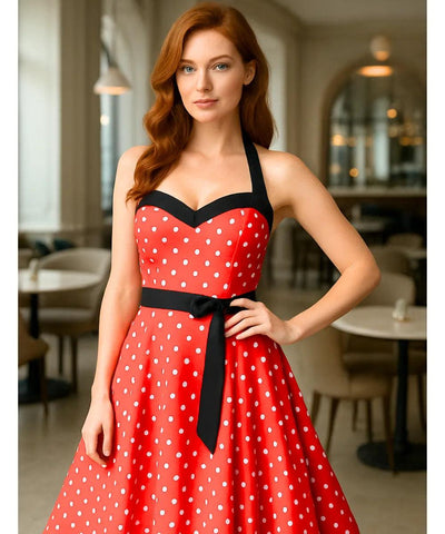 Comprar vestido vintage de poá com laço feminino vermelho com estilo retrô, anos 60, 80 e caimento elegante  em promoção ANELLIMN
 Comprar vestido vintage de poá com laço feminino vermelho com estilo retrô, anos 60, 80 e caimento elegante  em promoção ANELLIMN