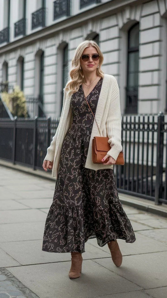 Vestido casual longo para looks de inverno confortáveis e estilosos