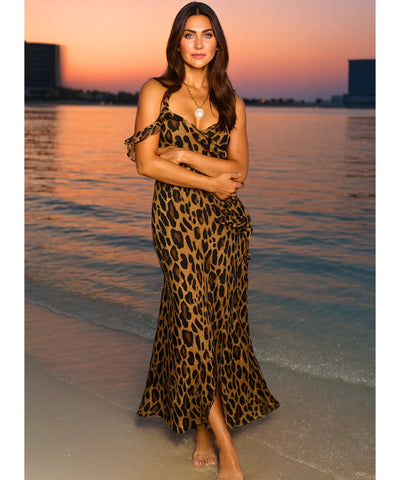 Vestido Longo Elegante Estampado Animal Print com Fenda | Riley