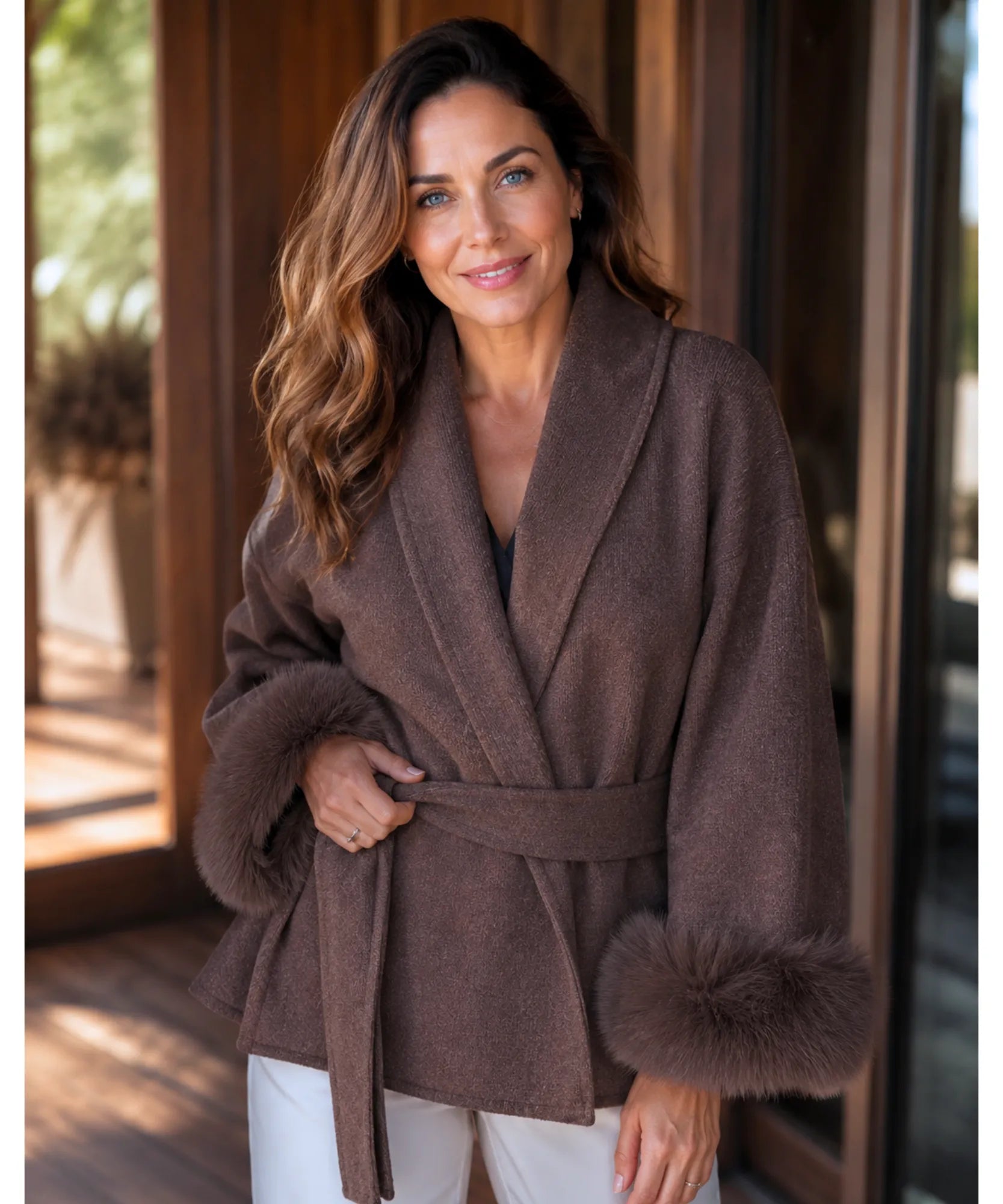 Comprar casaco de lã caxemira feminino punhos pelo sintético cinto amarração gola xale inverno barato em promoção ANELLIMN