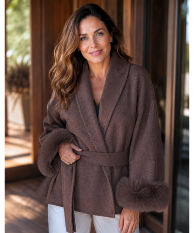 Comprar casaco de lã caxemira feminino punhos pelo sintético cinto amarração gola xale inverno barato em promoção ANELLIMN