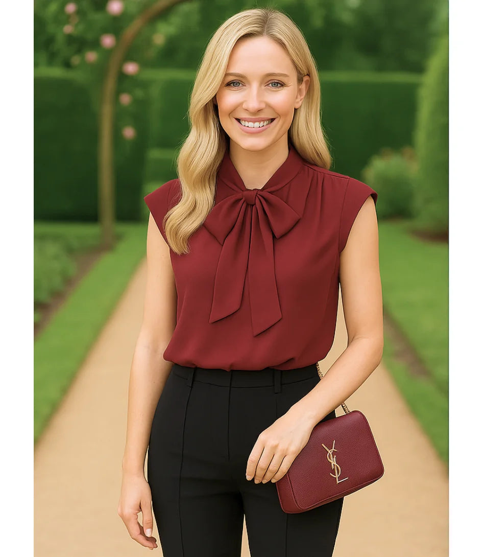 Comprar blusa social feminina em cetim seda vinho com laço gola gravata elegante para trabalho e dia a dia em promoção ZARA

